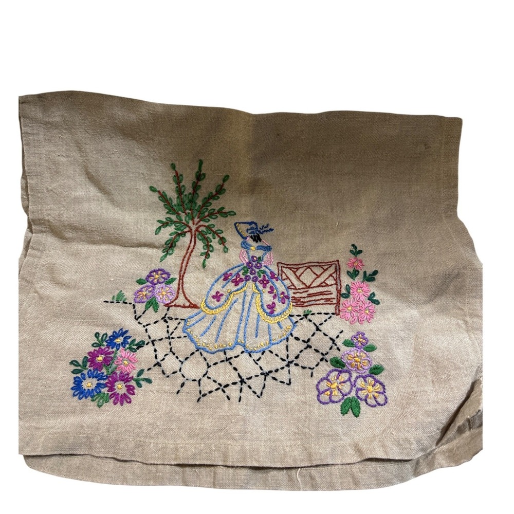 Vintage Hand Embroidered Linen Tea Towel Crinoline Lady Garden Scene 23x14